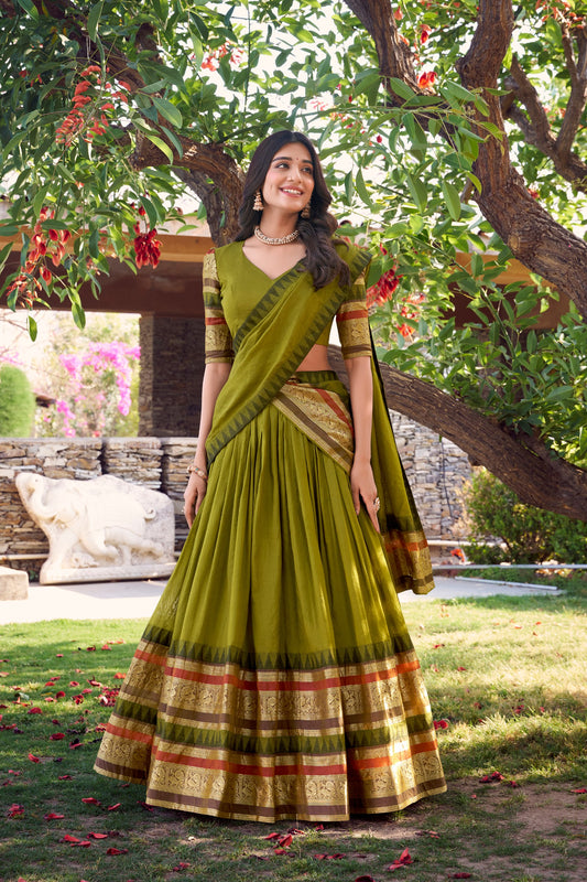 Luxurious Green Pure Chanderi Lehenga with Golden Zari Border