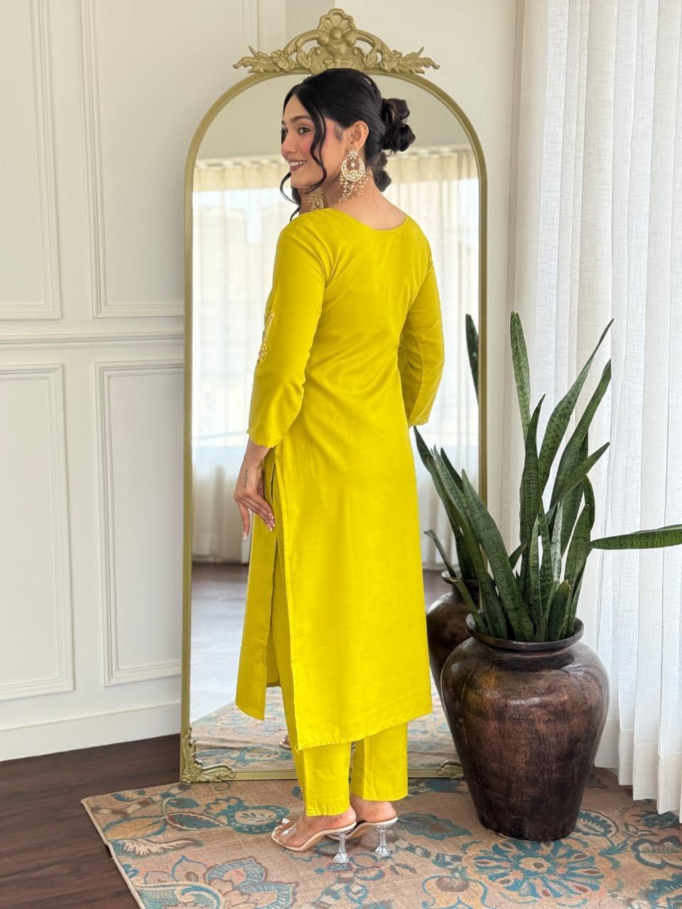 ROYAL YELLOW ROMAN SILK WITH HAND WORK KURTI SET