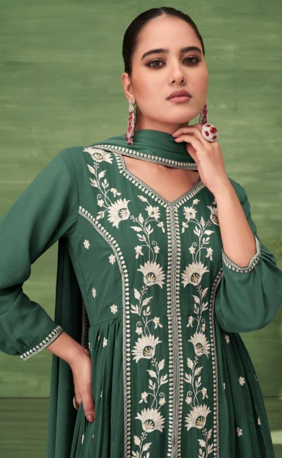 Green Kurtie with Pant & Dupatta in Blooming Jorjat With Work .