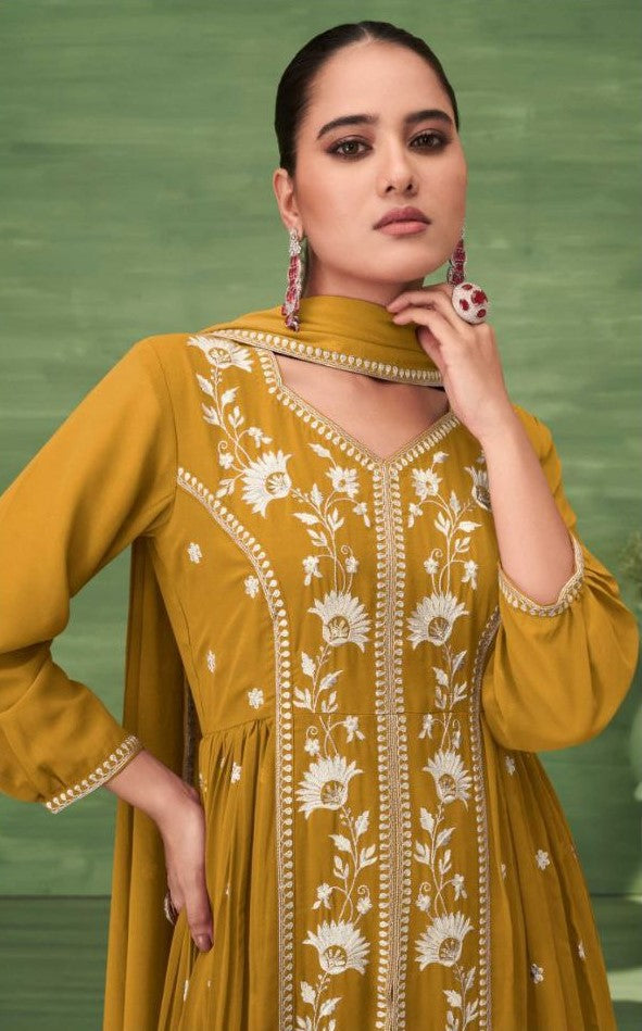 Yellow Kurtie with Pant & Dupatta in Blooming Jorjat With Work .