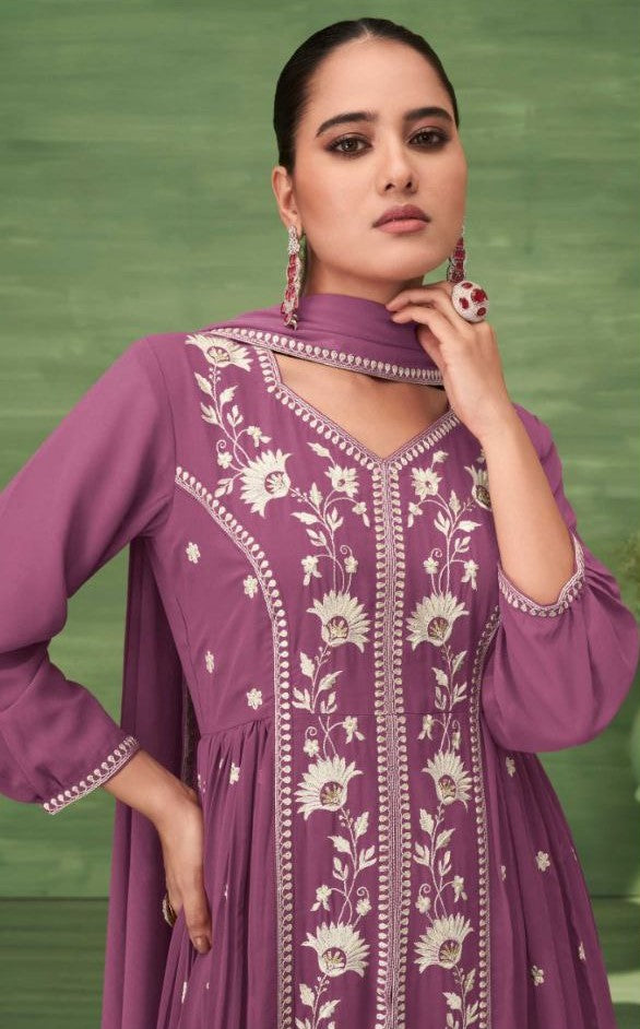 purple Kurtie with Pant & Dupatta in Blooming Jorjat With Work .