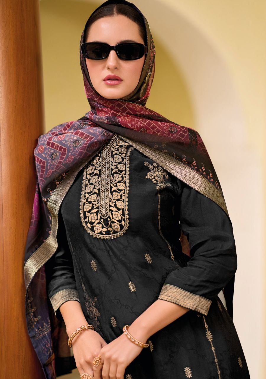 Black Color Pure Viscose Self Jacquard Kurti with Handwork & Inner.