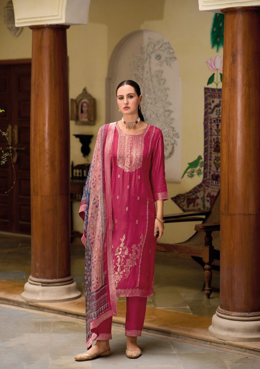 Pink Color Pure Viscose Self Jacquard Kurti with Handwork & Inner.
