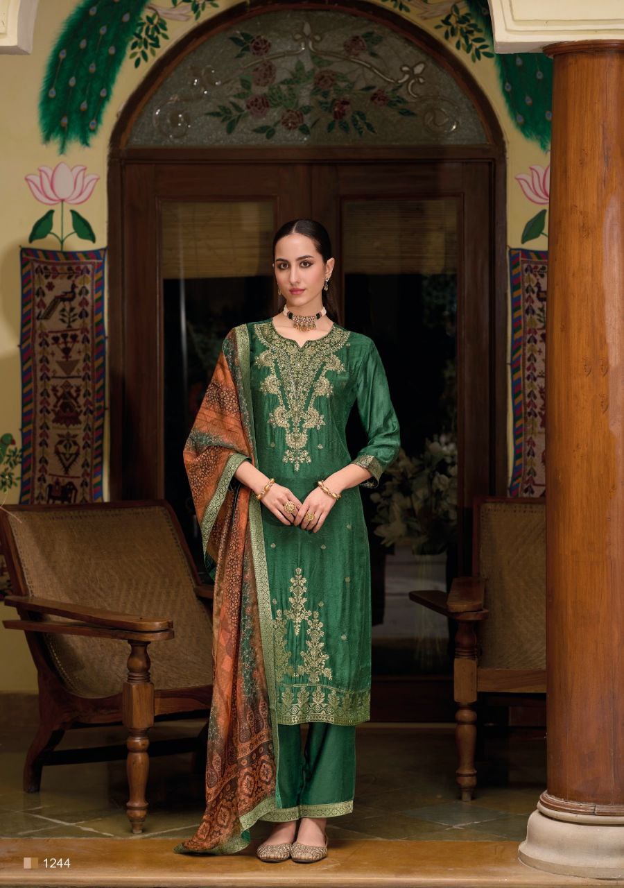 Green Color Pure Viscose Self Jacquard Kurti with Handwork & Inner