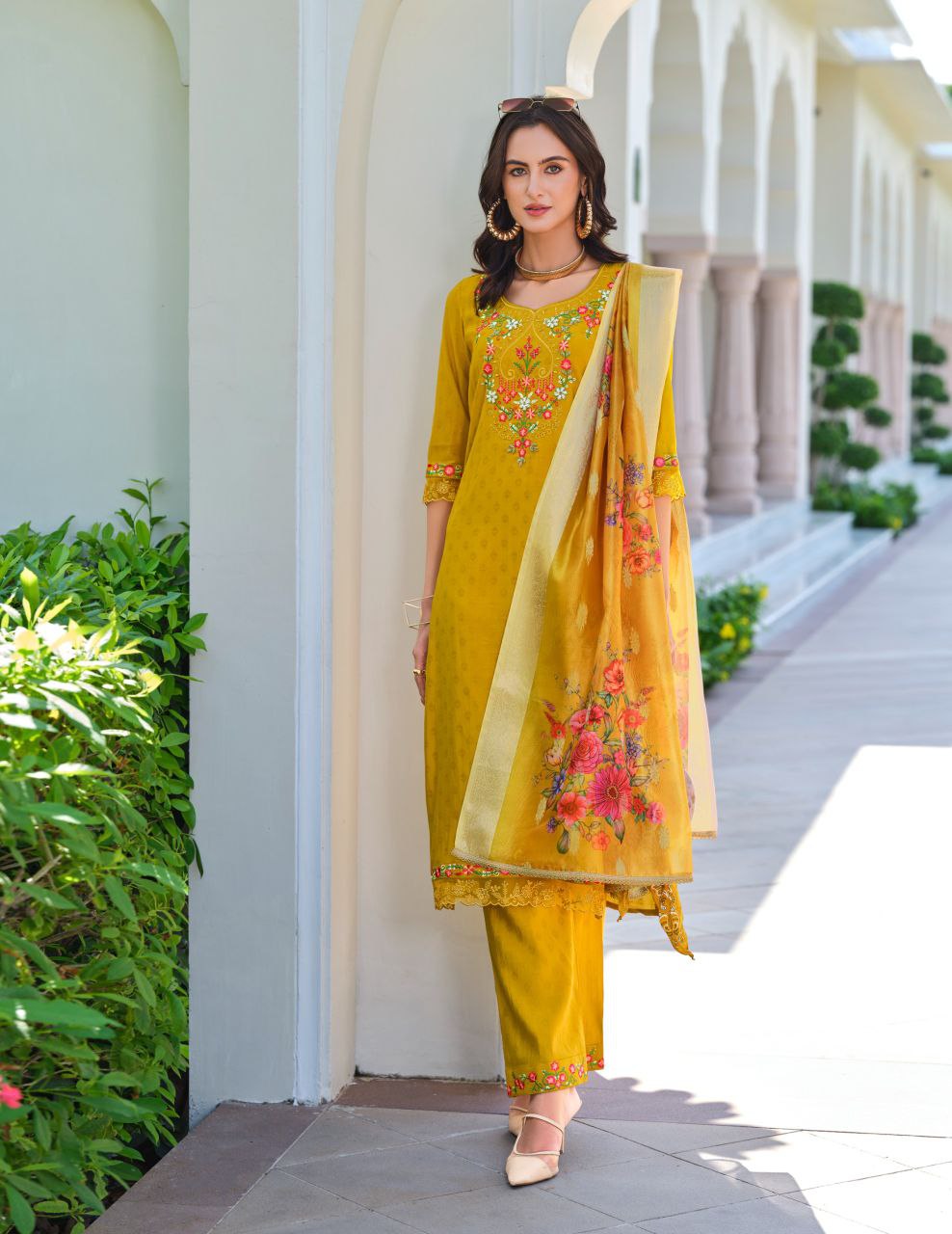 Yellow Kurti in Embroidery Work And Jacquard Viscouse Silk.