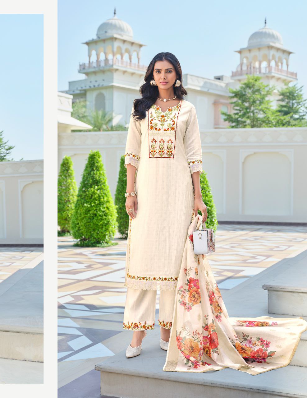 White Kurti in Embroidery Work And Jacquard Viscouse Silk.