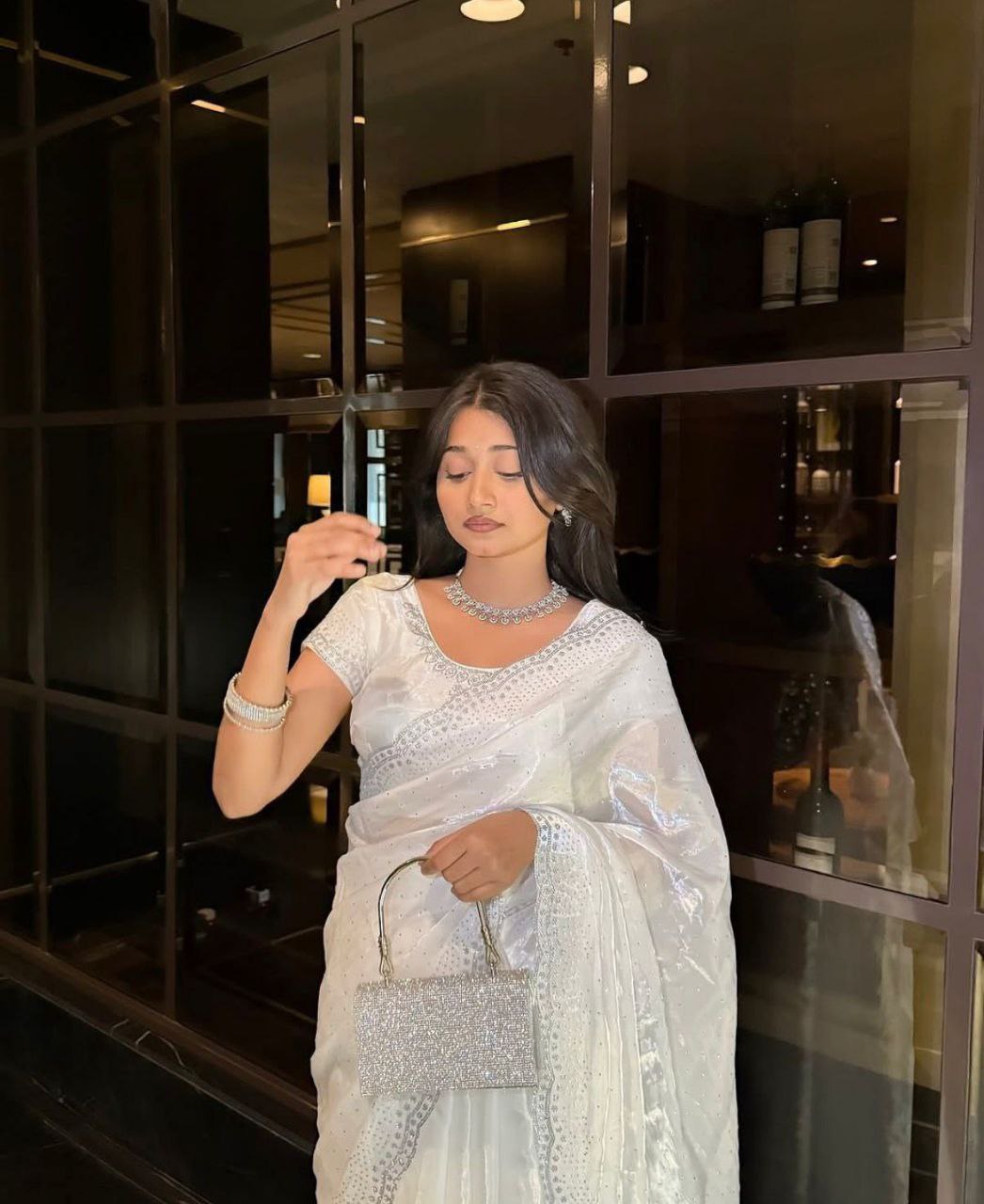 Trending White Soft Chinon Silk Daimond Work Lace Border Saree