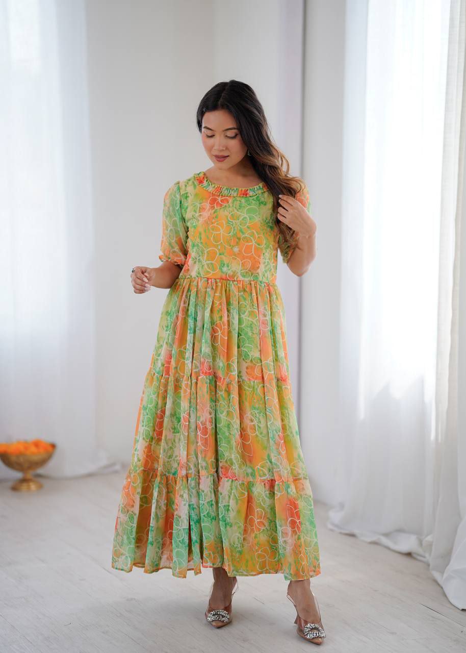 Elagance Yellow pure Georgette And Digital print Gown