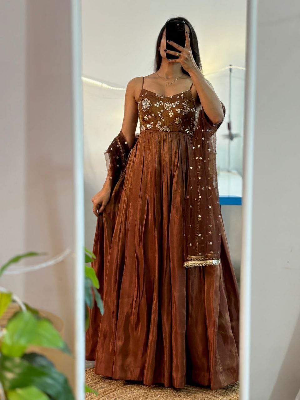 Golden brown tissue long Anarkali with Duppatta