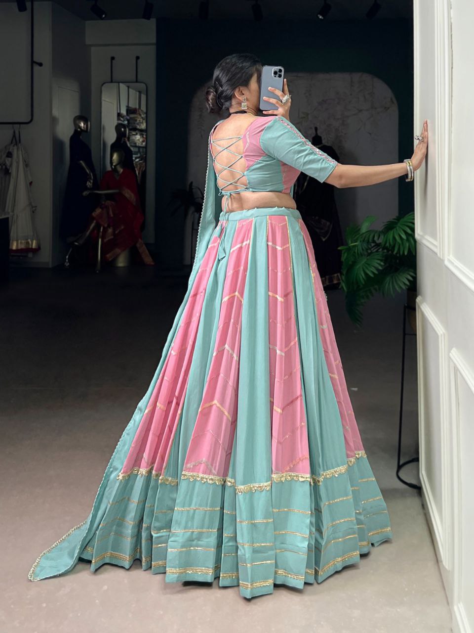 Pastel elegance meets festive tradition – this rayon with georgette chaniya choli