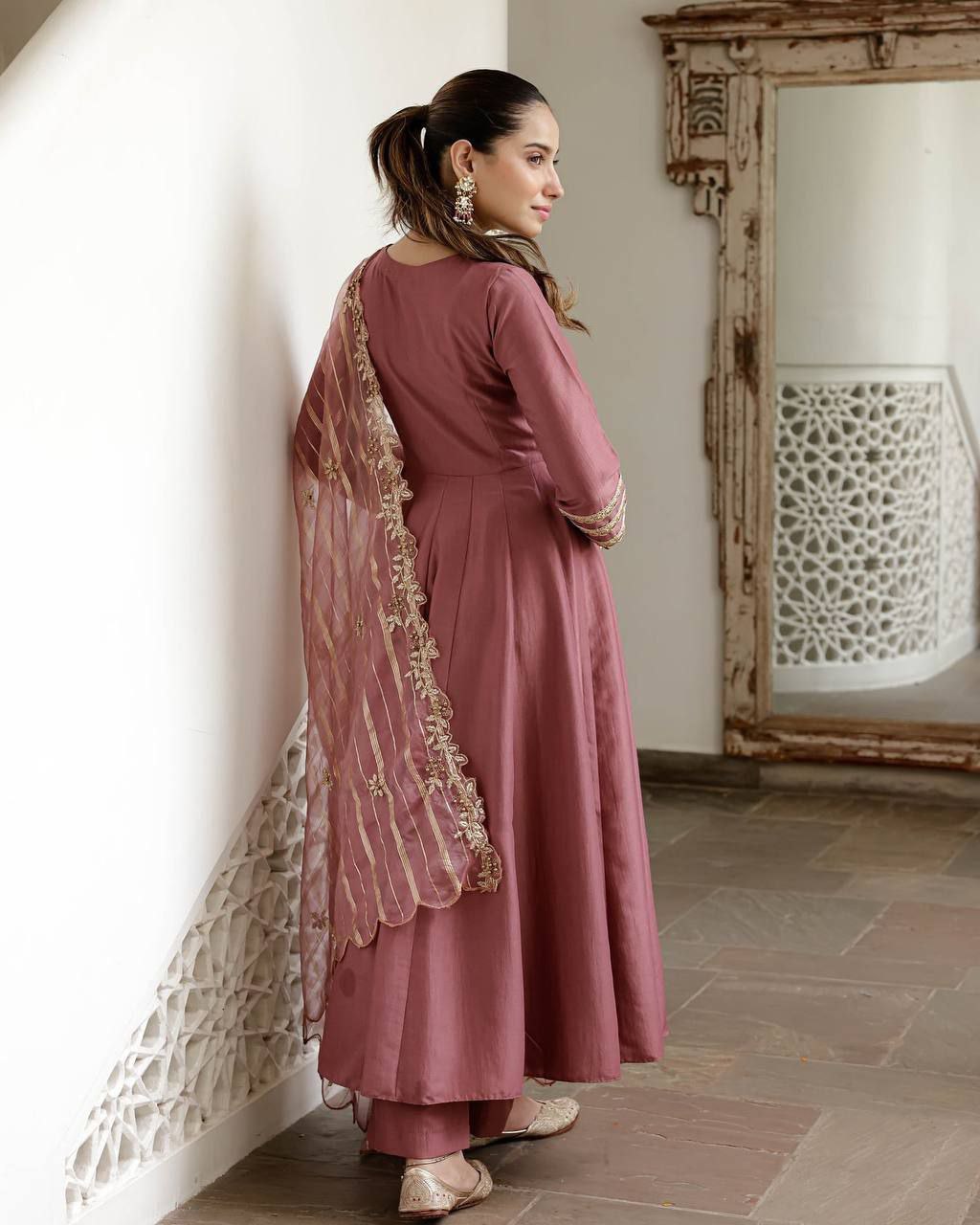 GoSriKi Women's Rayon Viscose Anarkali Solid Kurta with Pant & Dupatta