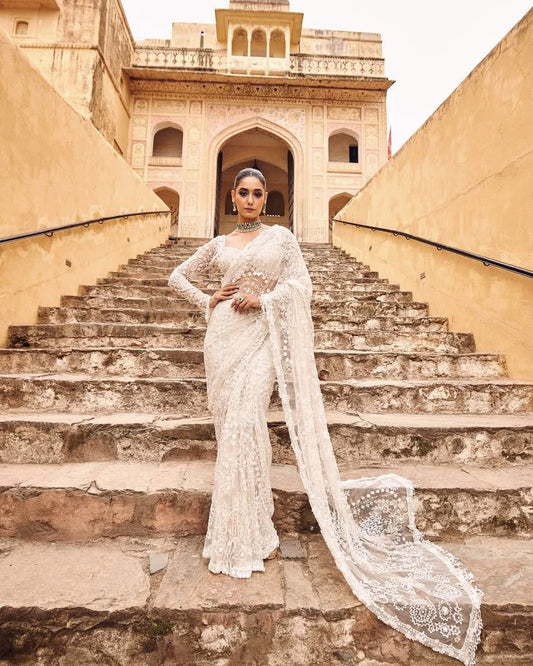 Luxury White Butterfly Net Fabric with Embroidery – FabVivera