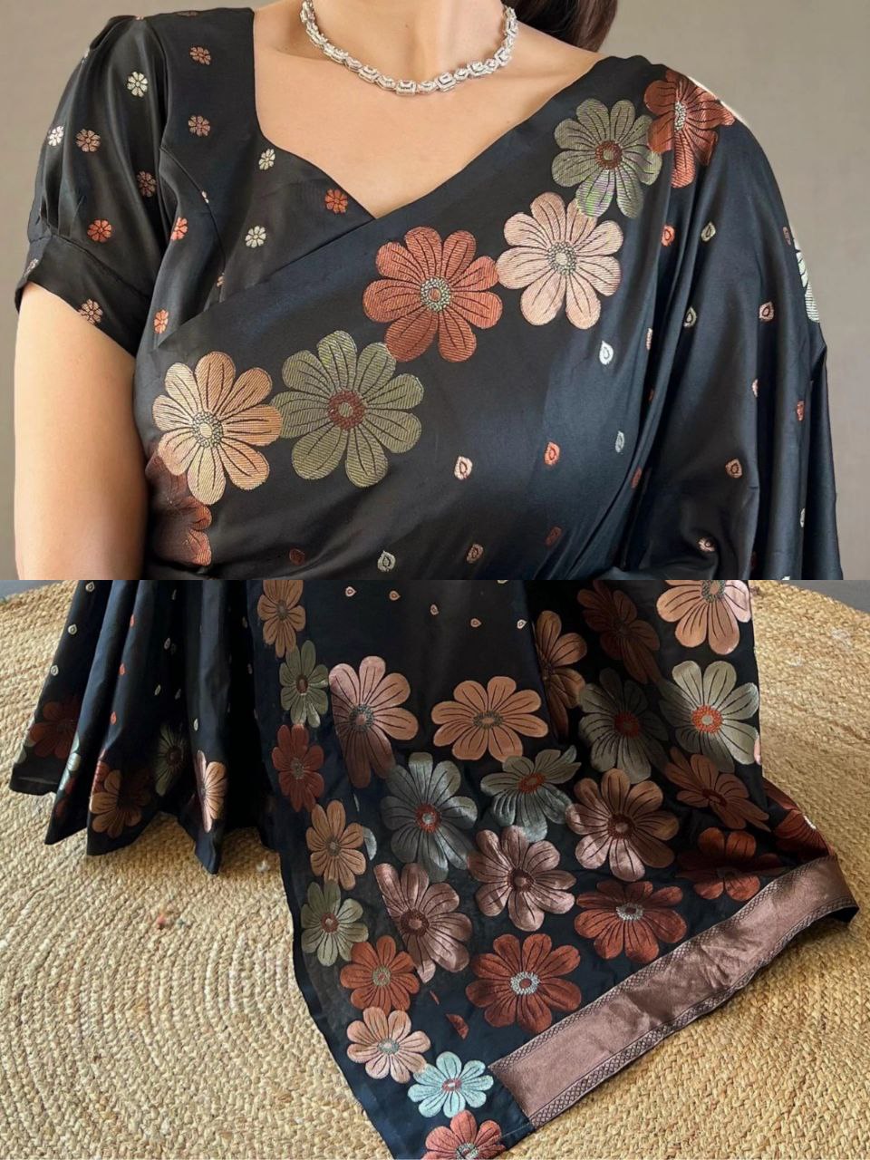 Black Color Pure Soft Silk with Copper & Gold Weaving Saree