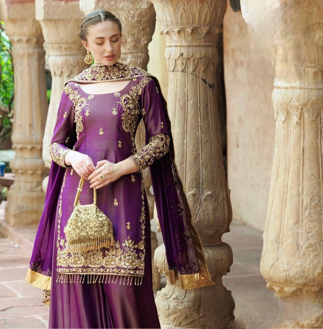 Purple Kaliyan Hand Embroidery work Sharara Suit