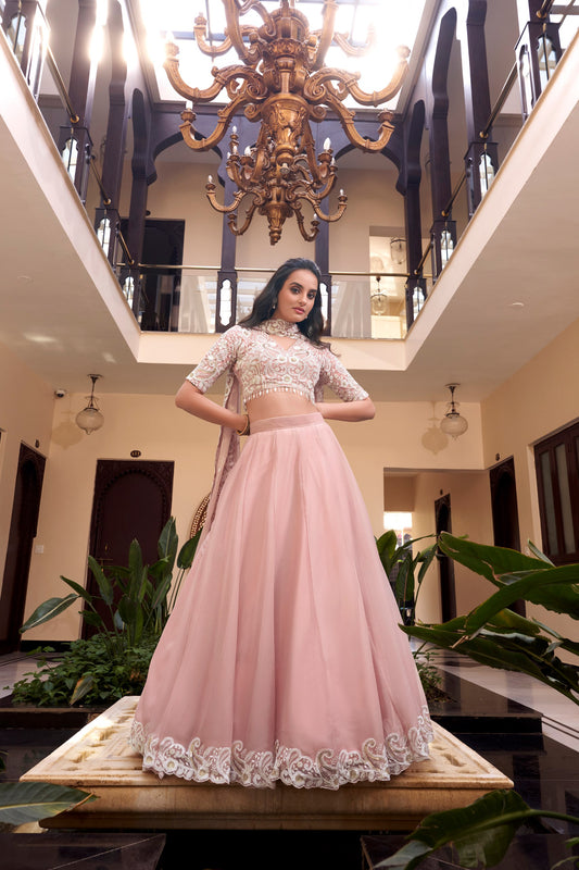 Modern Peach Lehenga Set – Sequins Embroidered Weone Silk Fabric