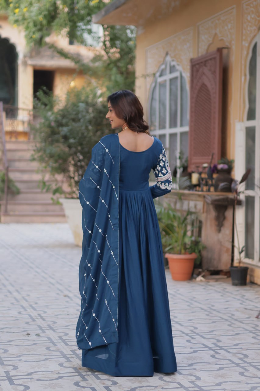 Blue Color Georgette Fabric with Embroidery Work Gown Set