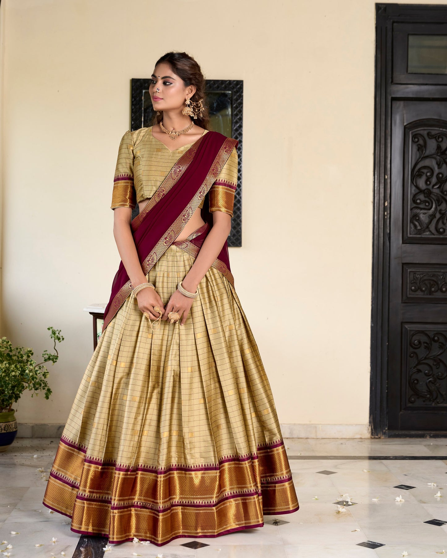 Cream And Maroon Color Dola Silk Lehenga With Dupatta.