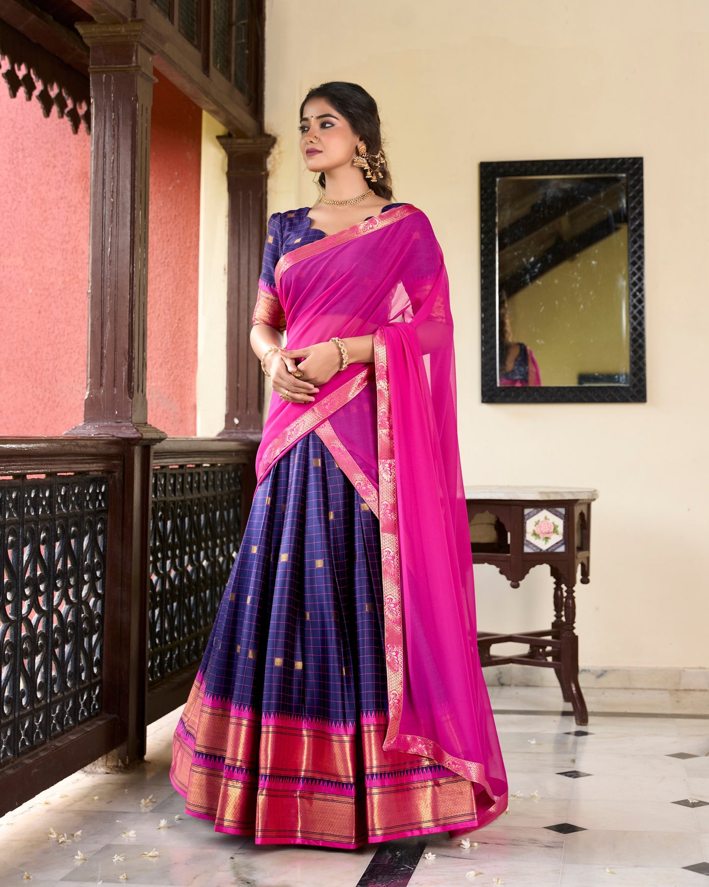 Blue And Pink Color Dola Silk Lehenga With Dupatta