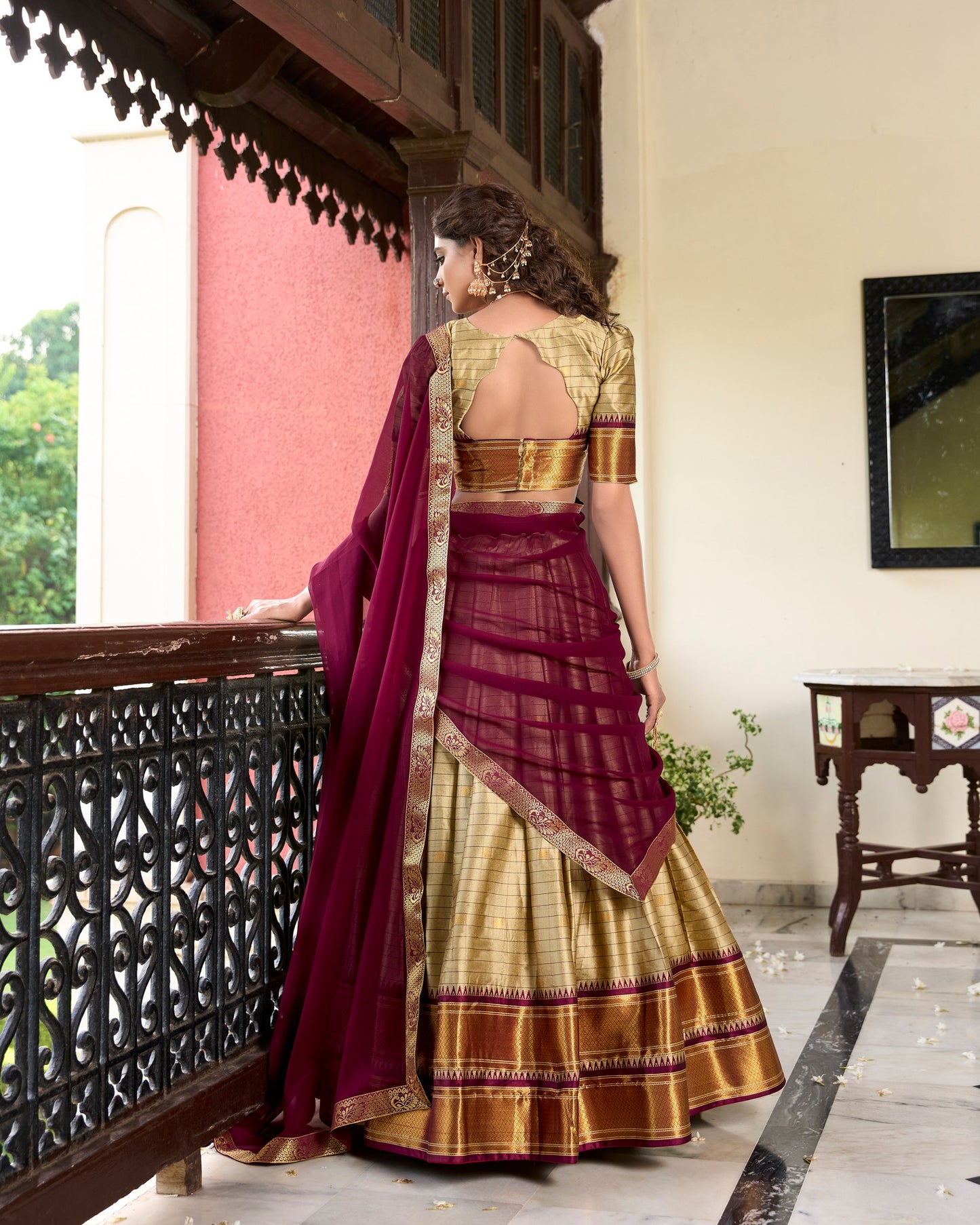 Cream And Maroon Color Dola Silk Lehenga With Dupatta.