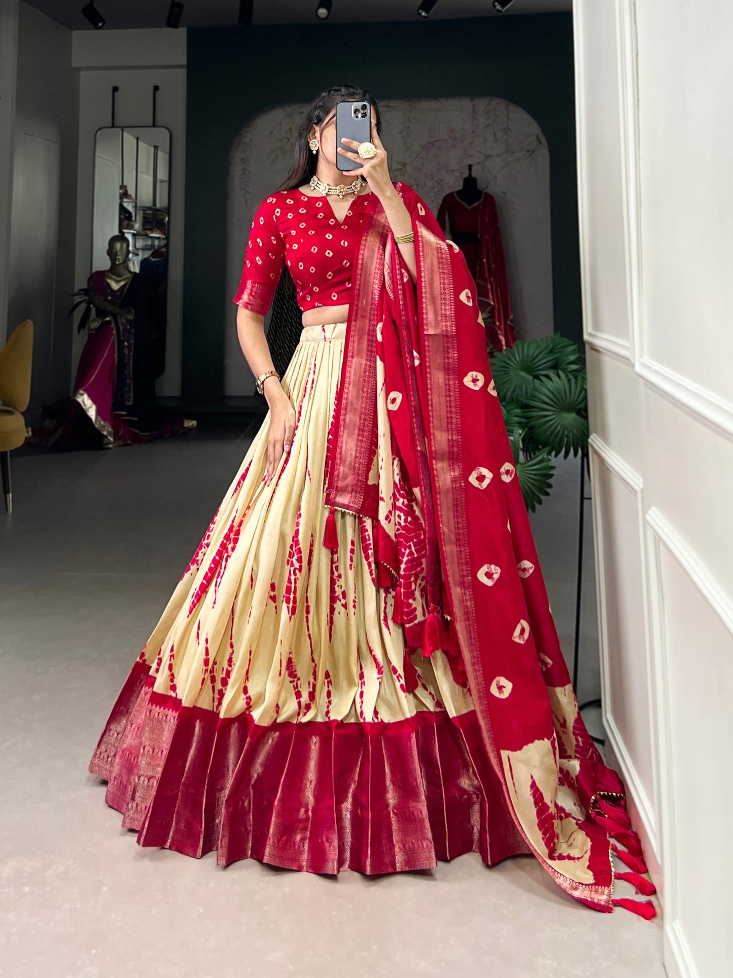 Red And Cream Color Dola Silk Lehenga With Dupatta.