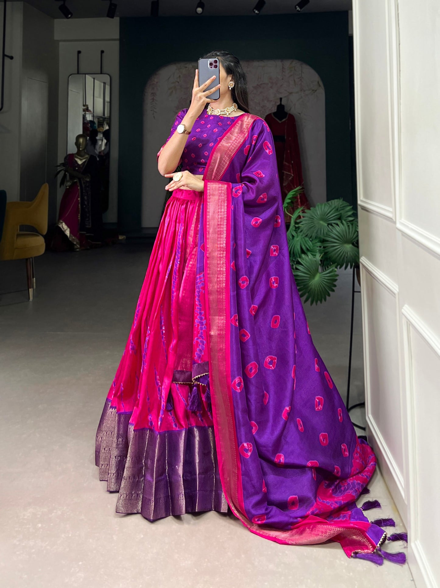 Blue And Pink Color Dola Silk Lehenga With Dupatta.