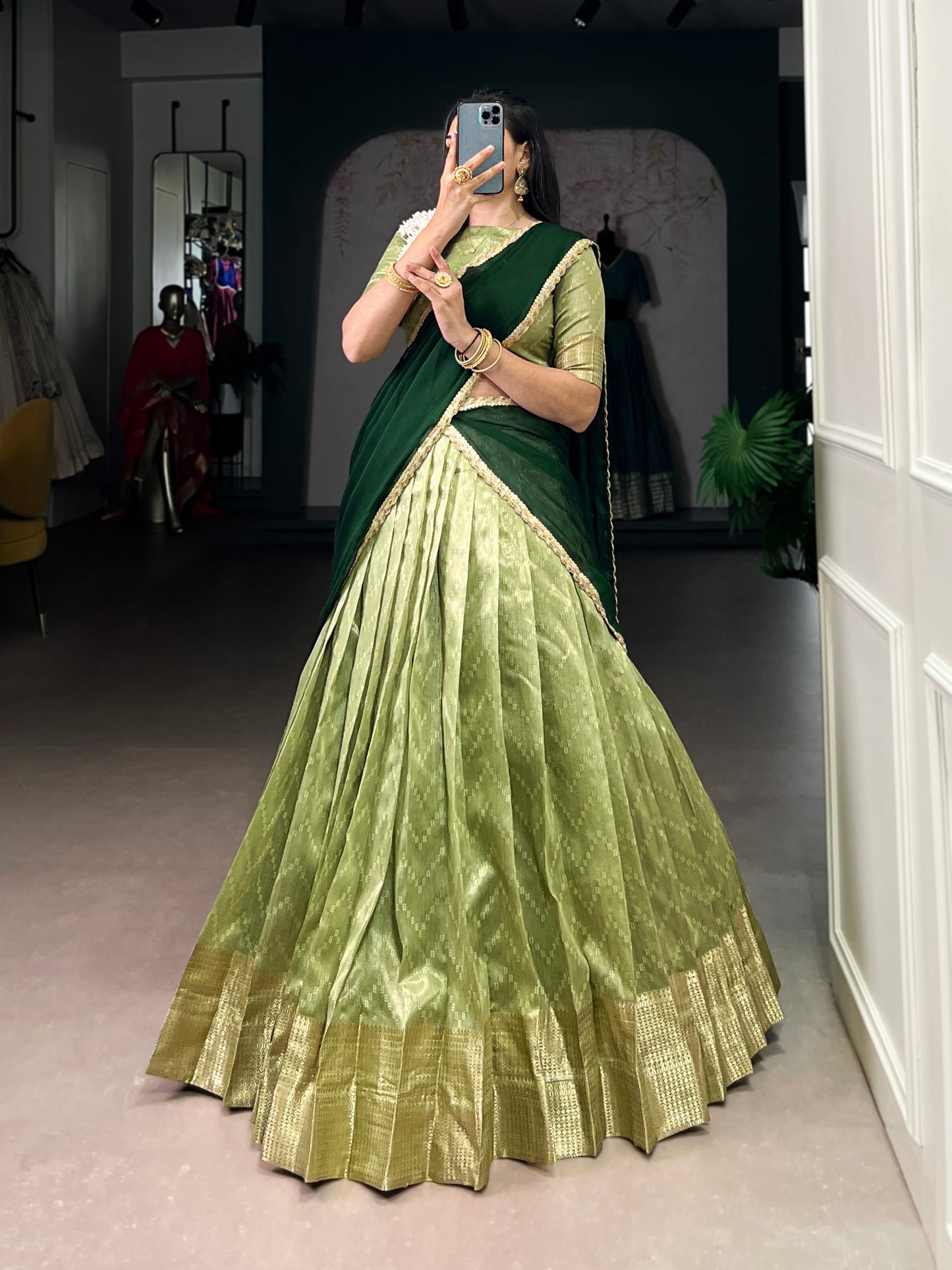 Suvarna Pista Green Dupion Silk Zari Weaving Work Half Saree Lehenga