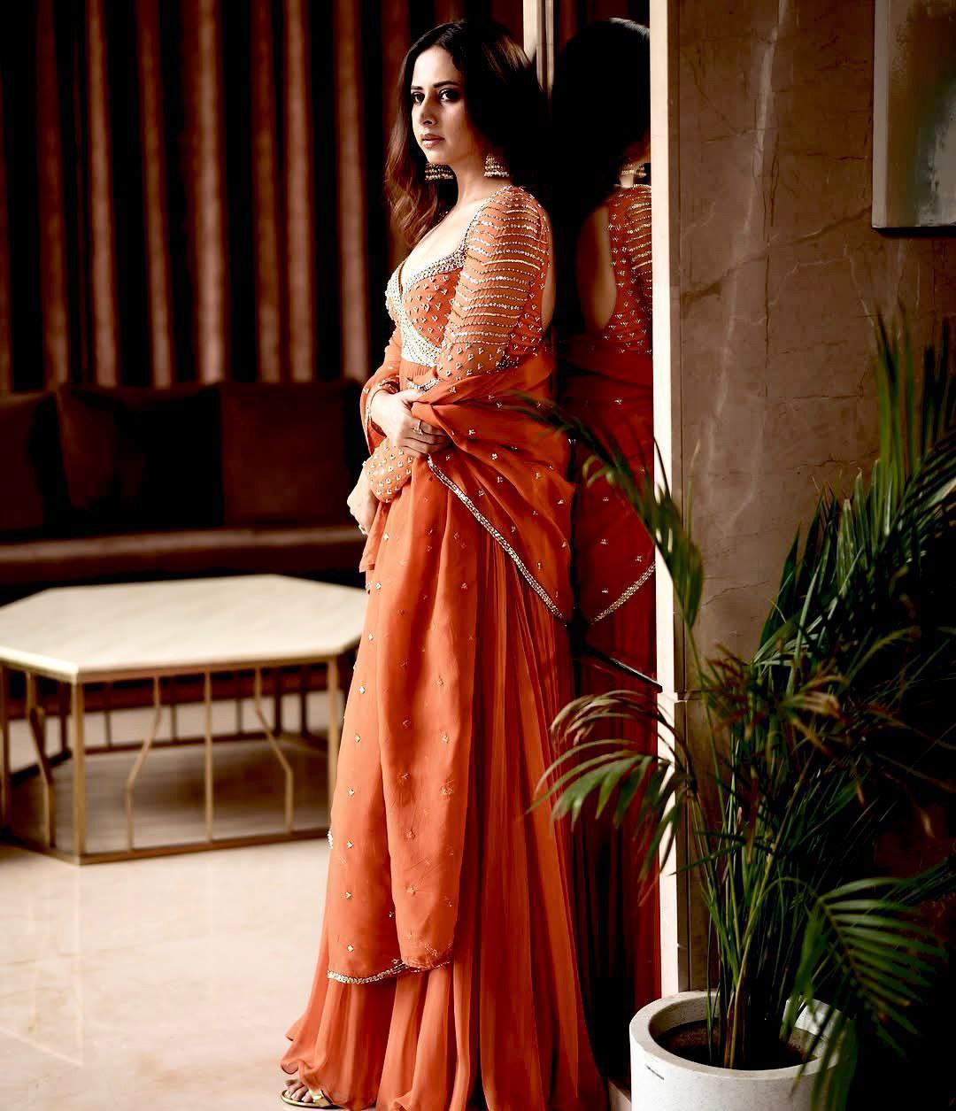 Fire orange Blooming georgette Gown with Dupatta