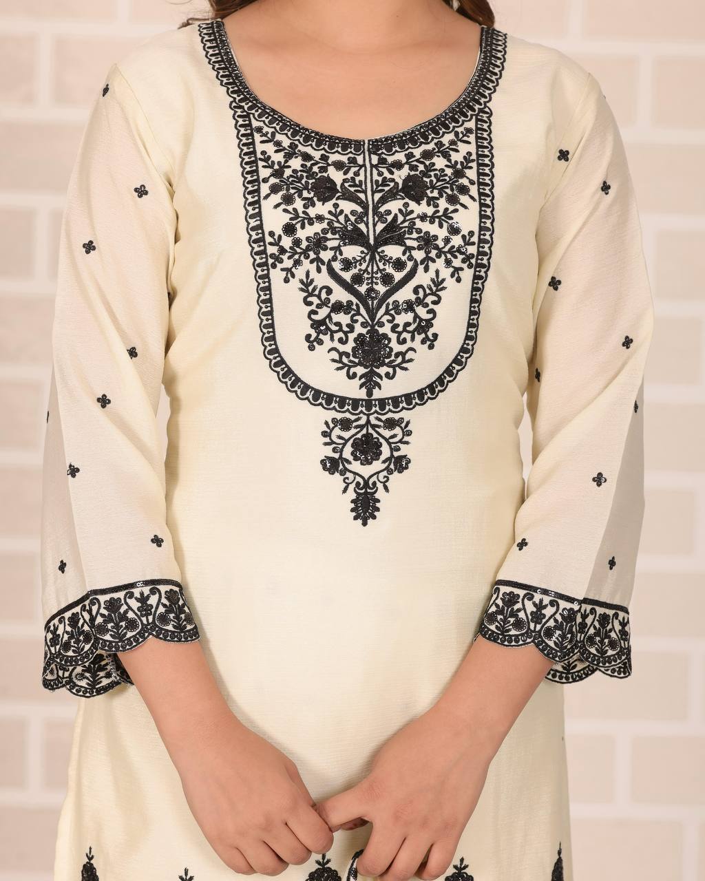 Premium White Chinon Ethnic Suit – Heavy Embroidery Work