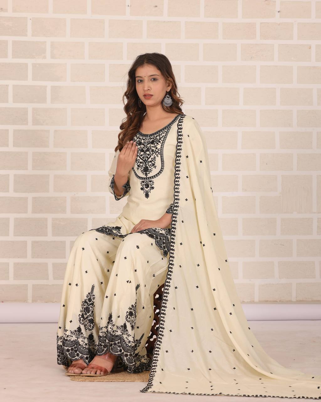 Premium White Chinon Ethnic Suit – Heavy Embroidery Work