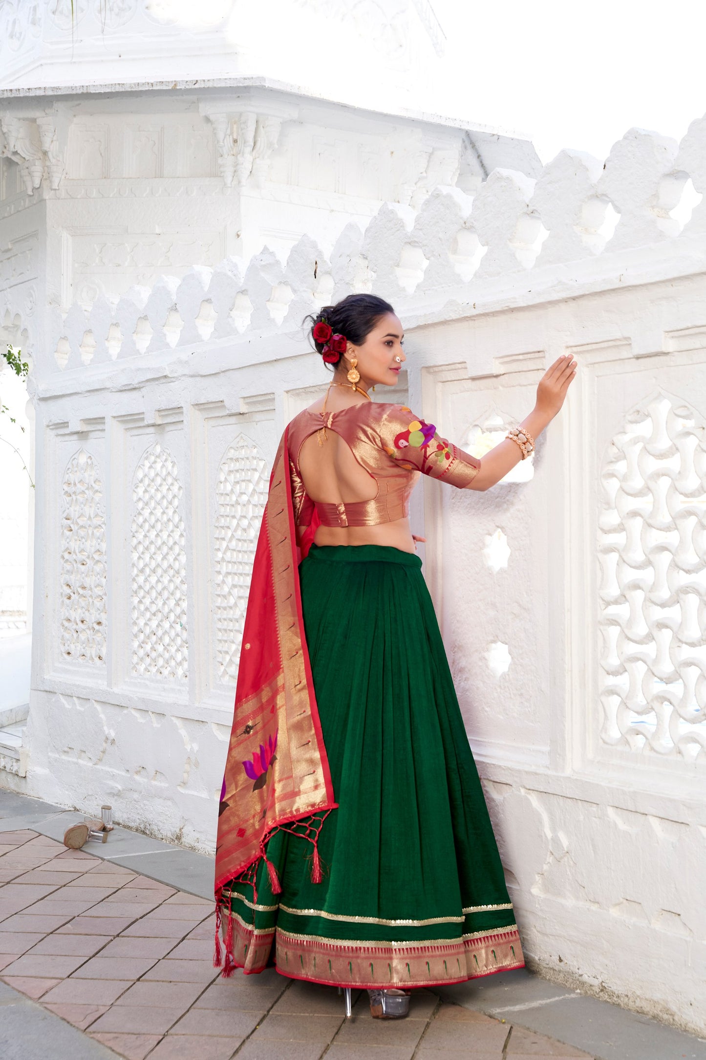 Green And Red Color Dola Silk Lehenga With Dupatta.