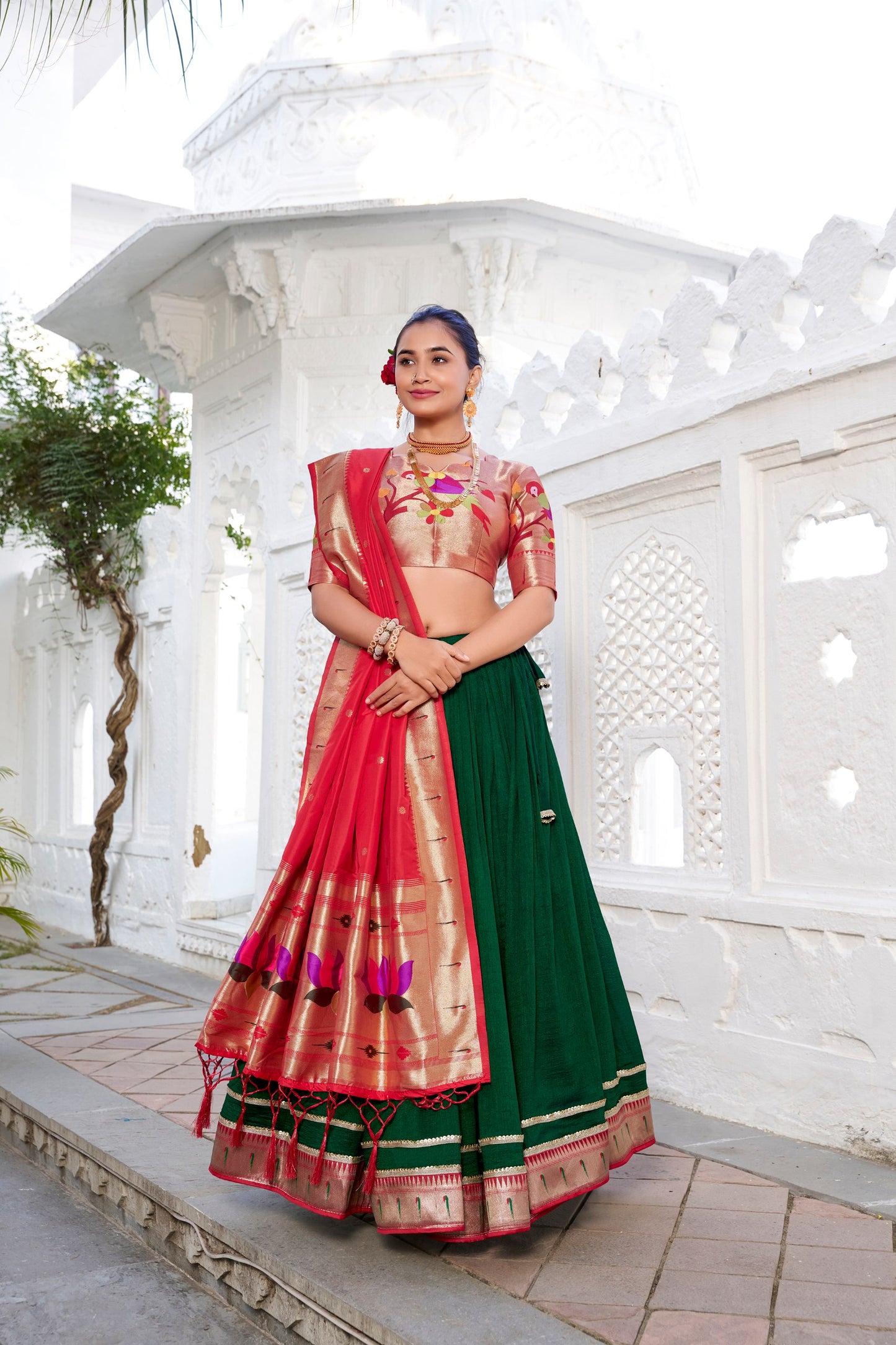 Green And Red Color Dola Silk Lehenga With Dupatta.