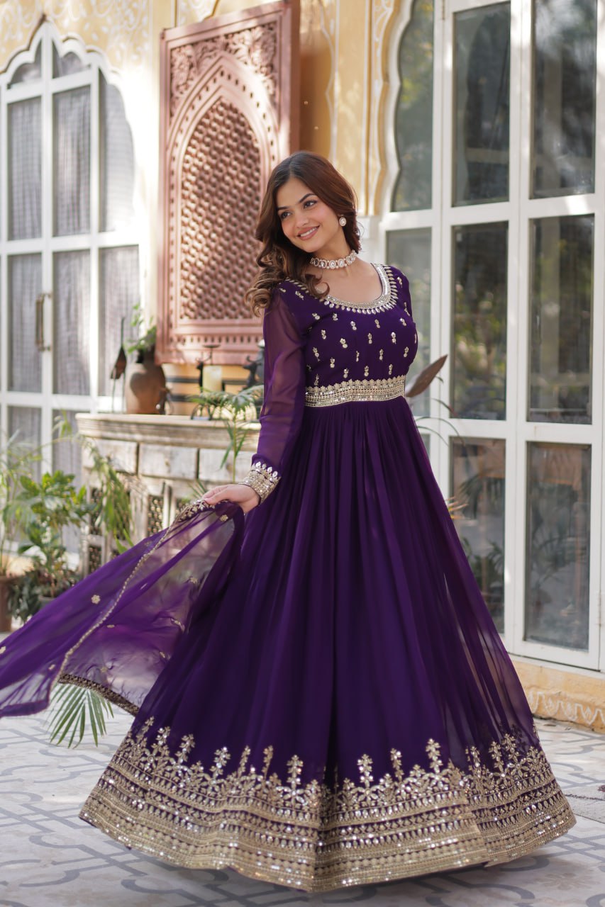 Purple Color Blooming Fabric with Embroidery Work Gown Set.