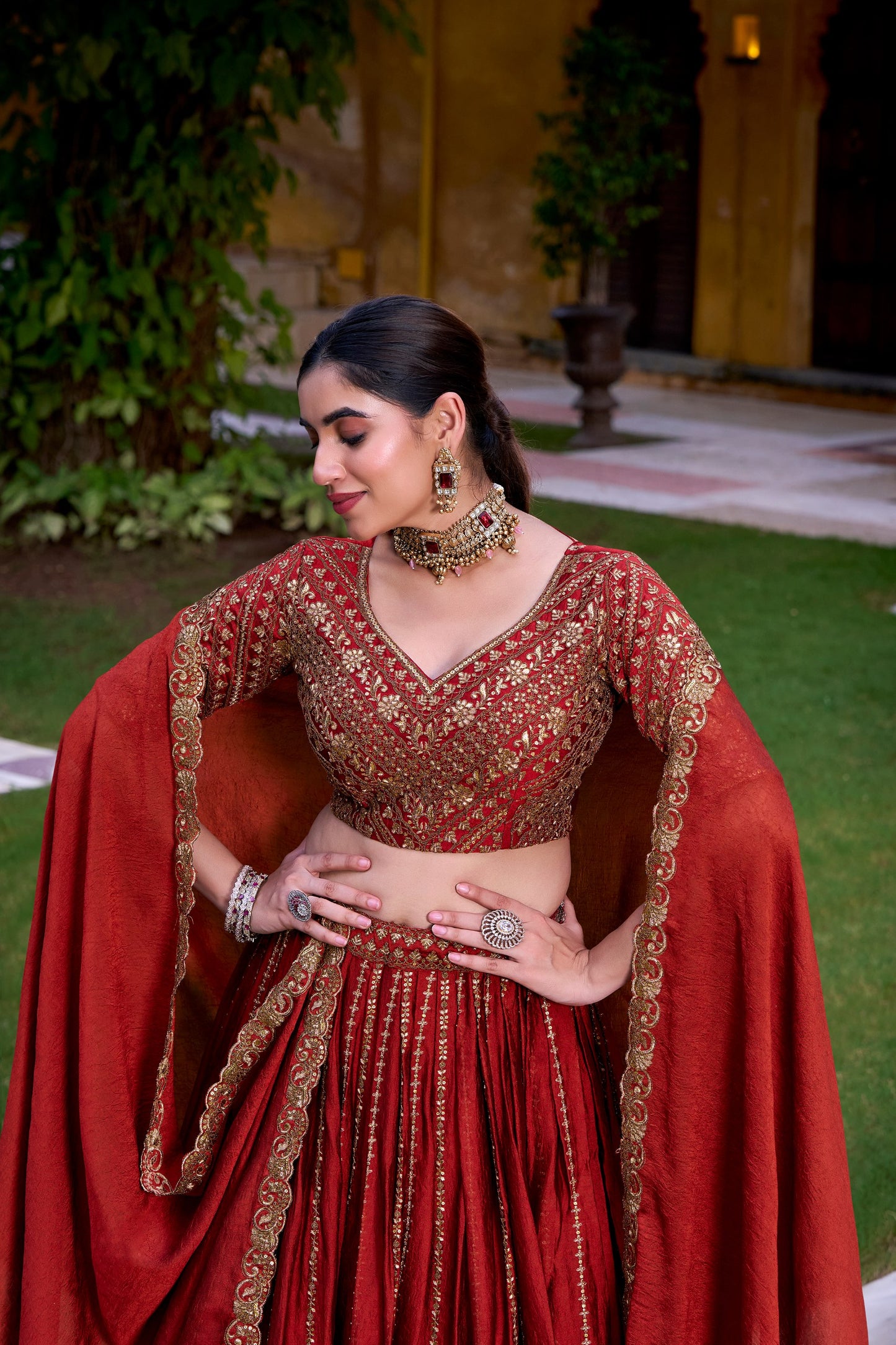 Red Elagant Rangoli Crush Wedding Lehenga Choli