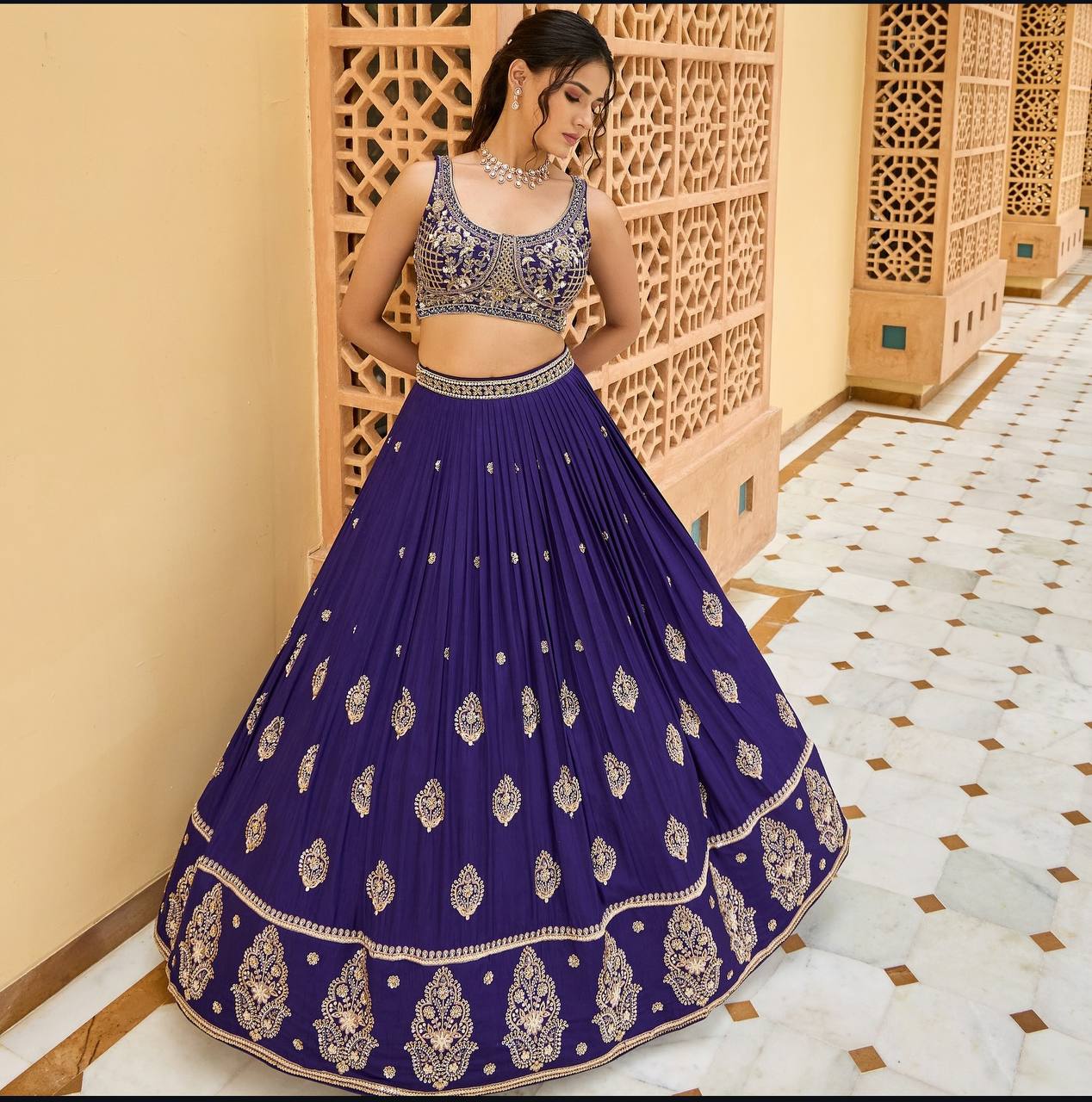 Purple Color Chinon silk Fabric With Embroidery Work Lehenga Choli