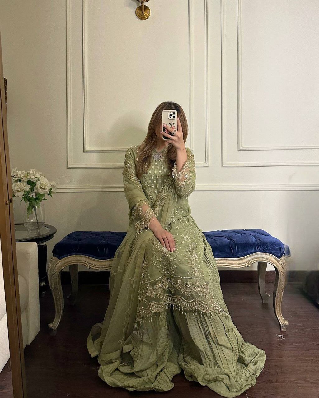 Heavy Faux Georgette With Heavy Embroidery Sequence Work With Rivet Moti Work With Sleeves