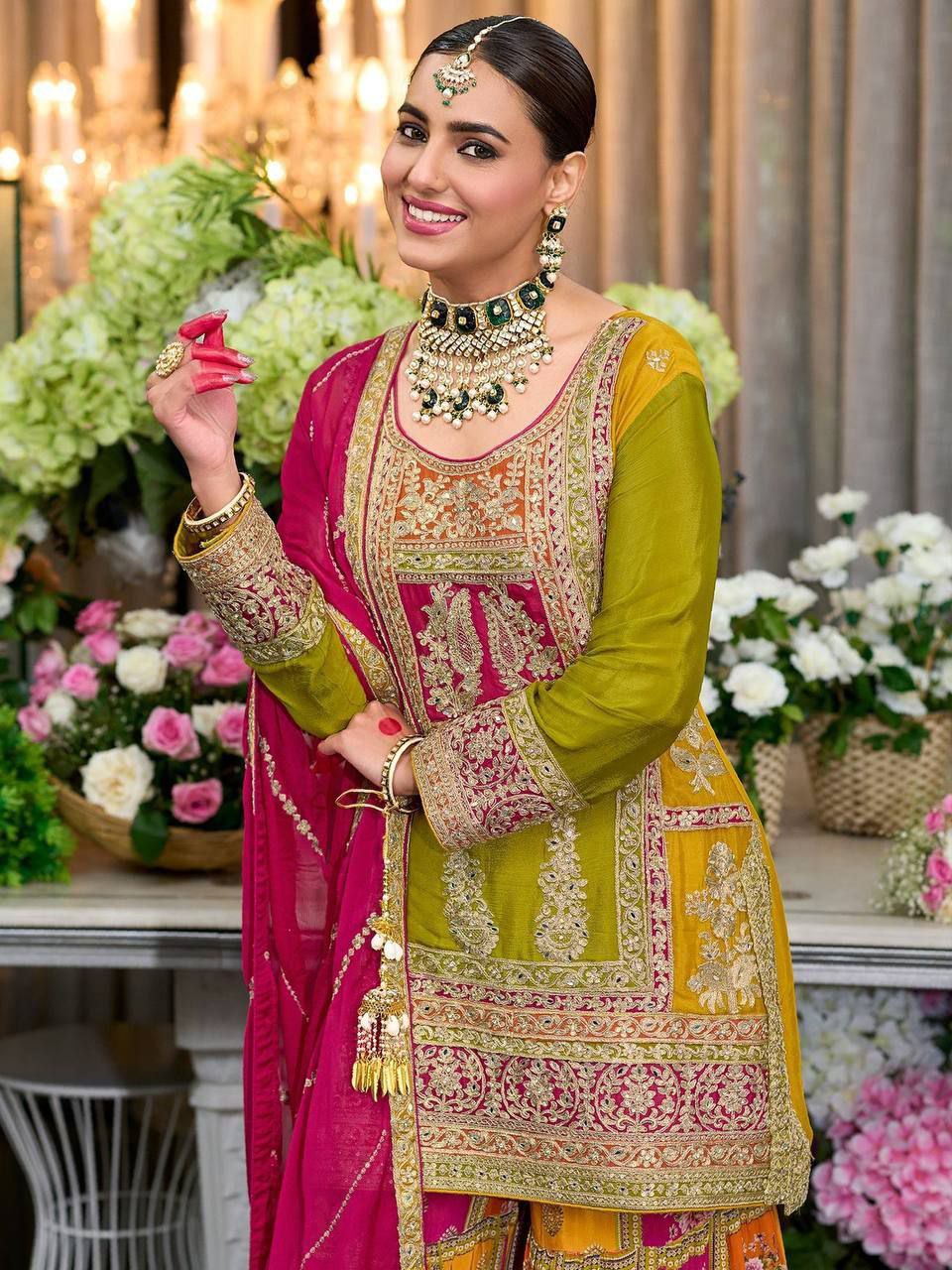 HEAVY CHINON SILK PAKISTANI SHARARA SUIT SET
