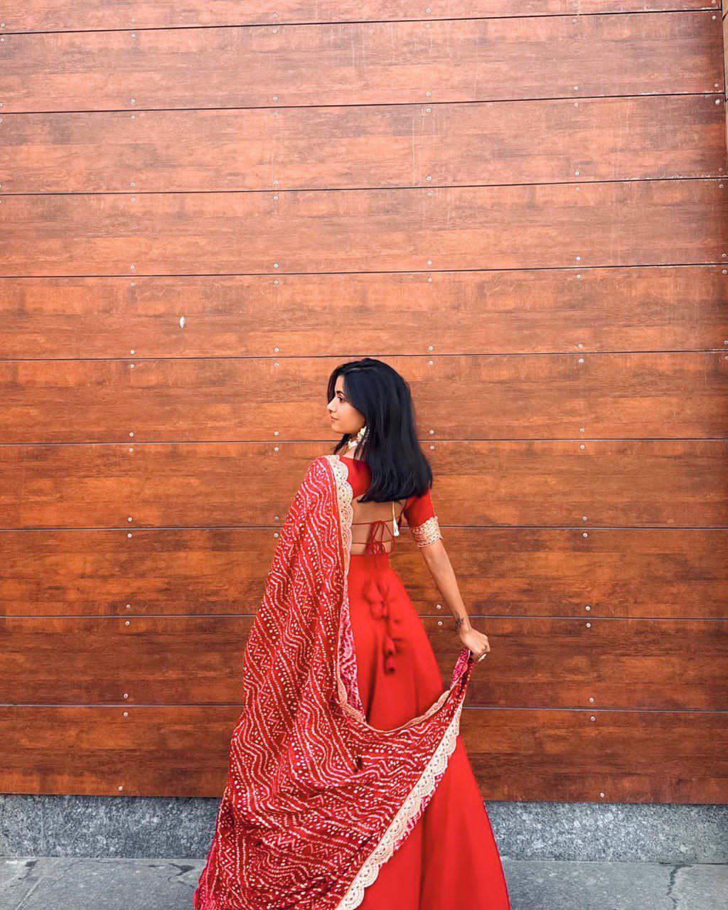 Radiant Coral Lahenga Set With Traditional printed Duppata