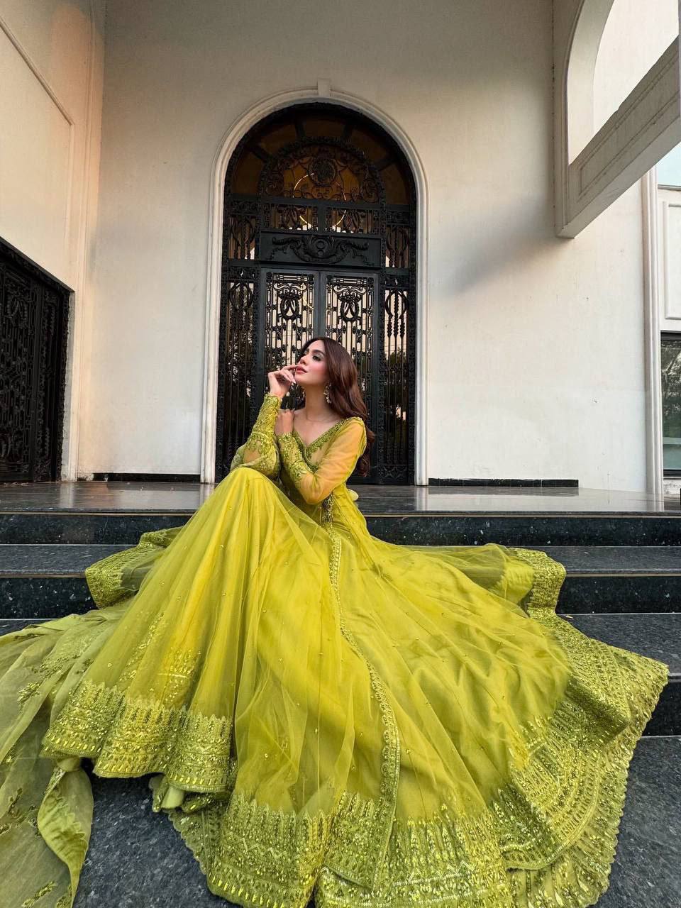 Designer Olive Green Butterfly Net Lehenga with Kediya Style Shrug