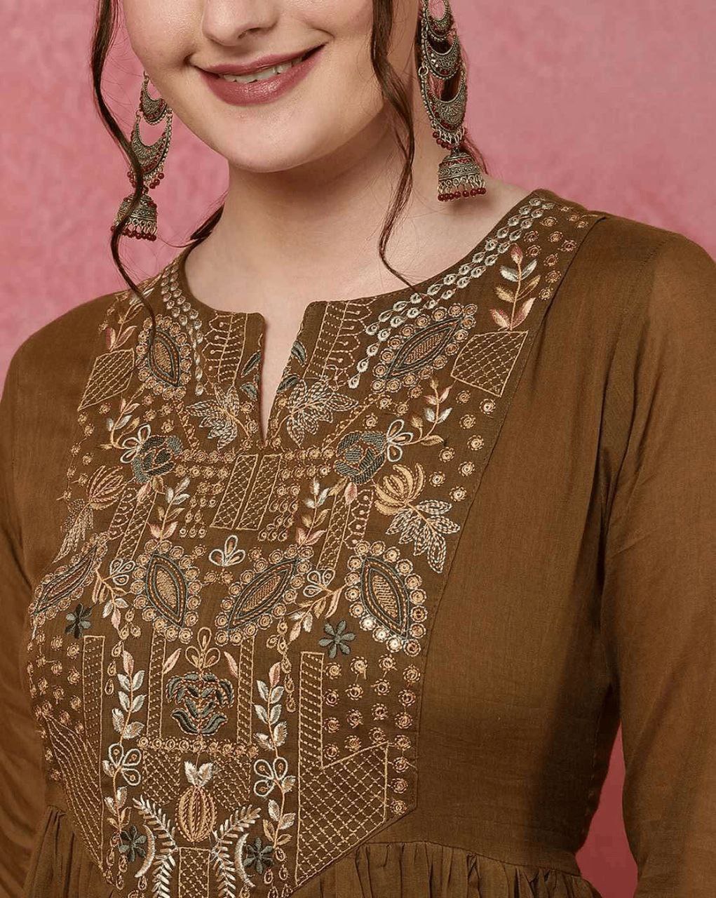 BROWN COLOUR HEAVY VISCOSE CHANDERI EMBROIDERY WORK KURTI SET