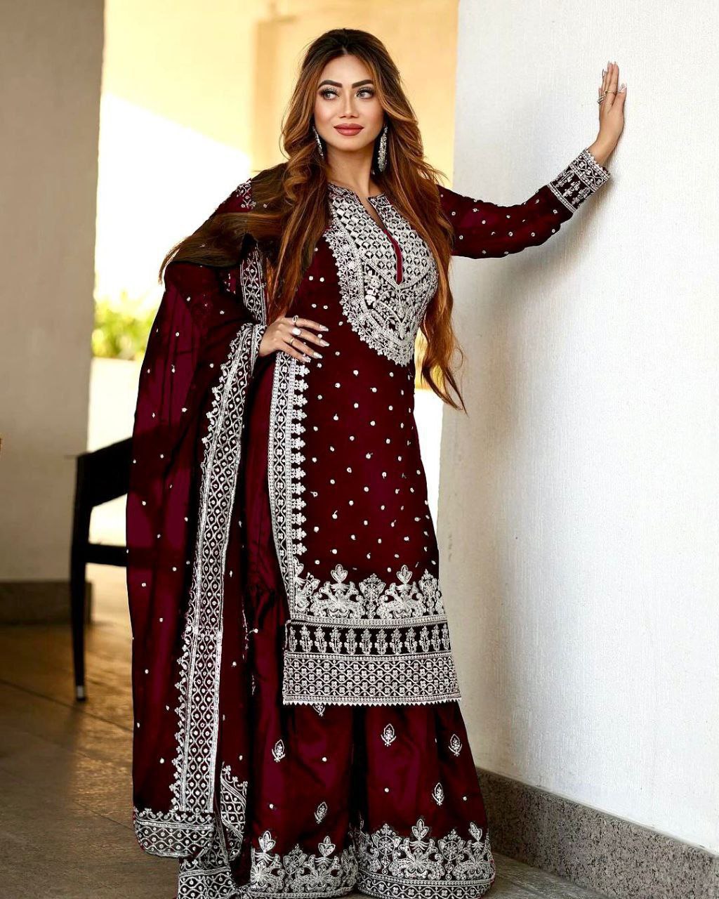 Royal Maroon-Heavy Embroidery Sequence Work Top-Gharara And Dupatta Set