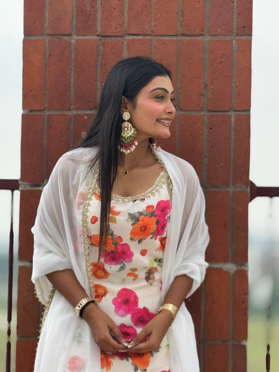 Exclusive White Chinon Silk Kurti with Flared Plazzo and Lace Dupatta