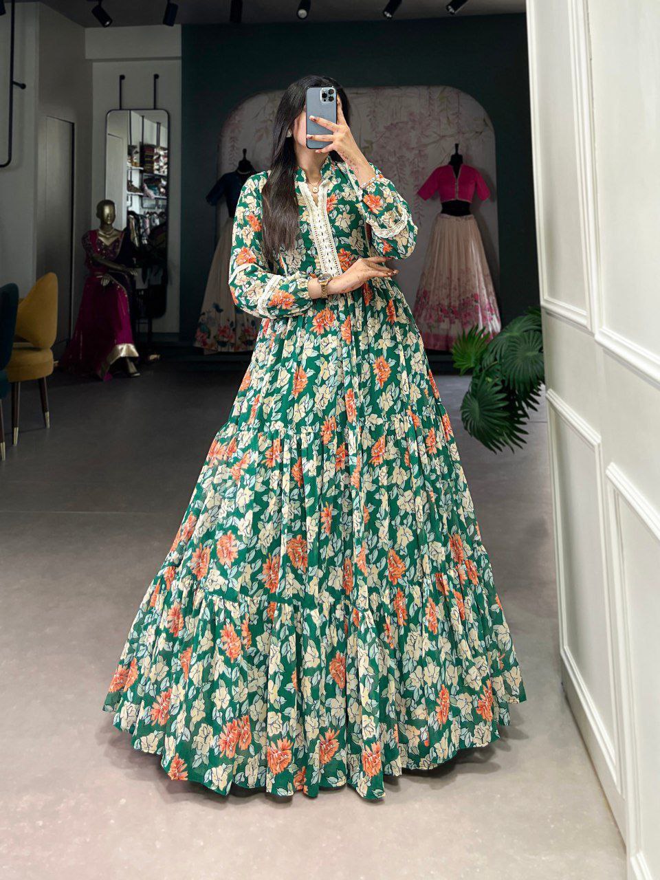 Green Triple-Layer Floral Georgette Gown – Effortless Elegance