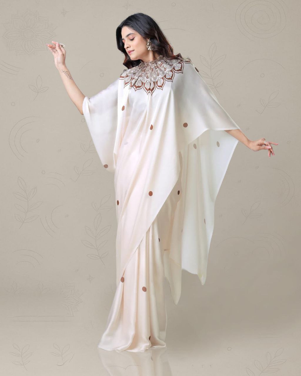 Elangance Cream Japan Satin Digital Print Work Saree