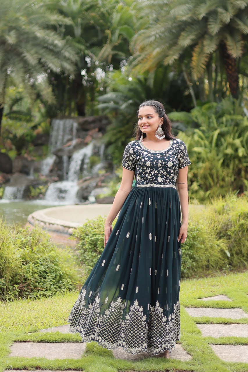 Green Color Blooming Fabric with Embroider Work Gown Set