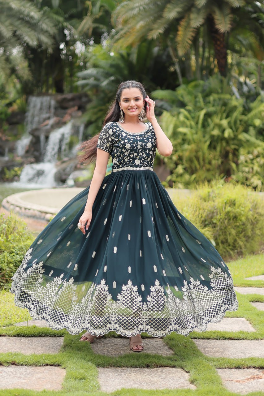 Green Color Blooming Fabric with Embroider Work Gown Set