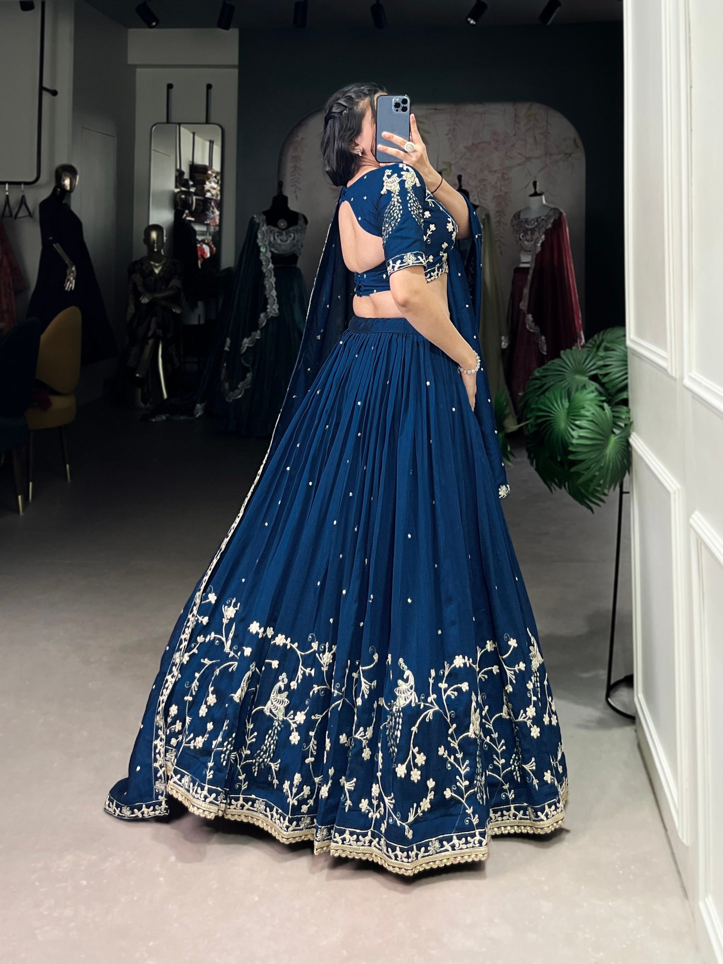 Blue colour Vichitra Silk and Sequins and Thread Embroidery Work With Lace Border lehenga with dupatta