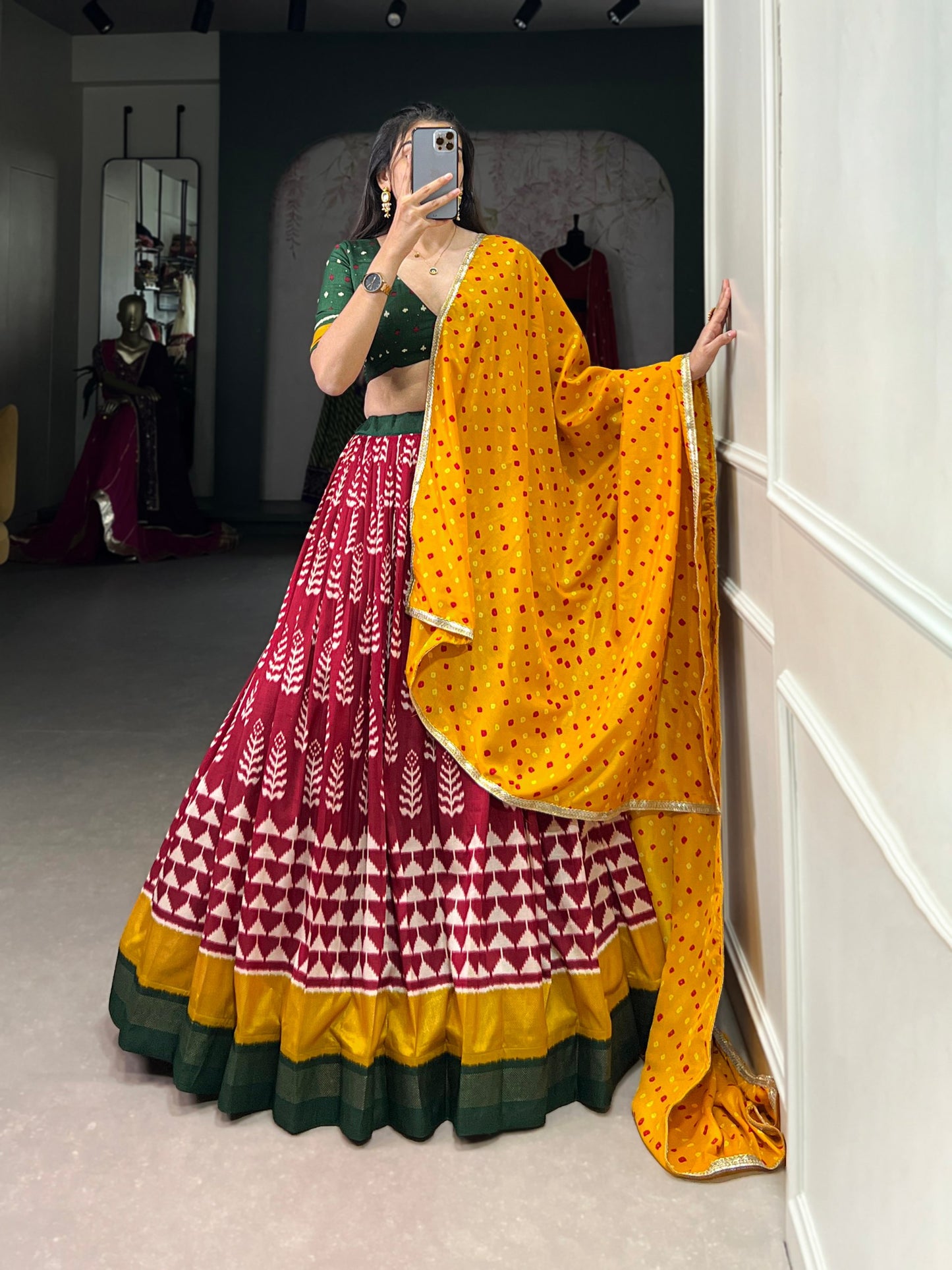 Yellow colour Tussar Silk and Print With Foil Work lehenga with dupatta