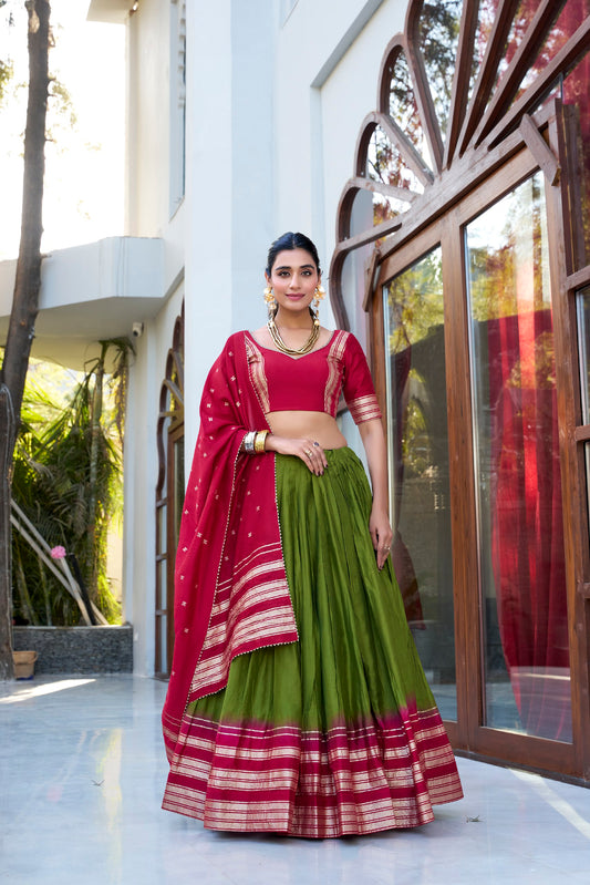 Green colour Pure Chanderi and Plain With Zari Weaving Work Border lehenga and dupatta