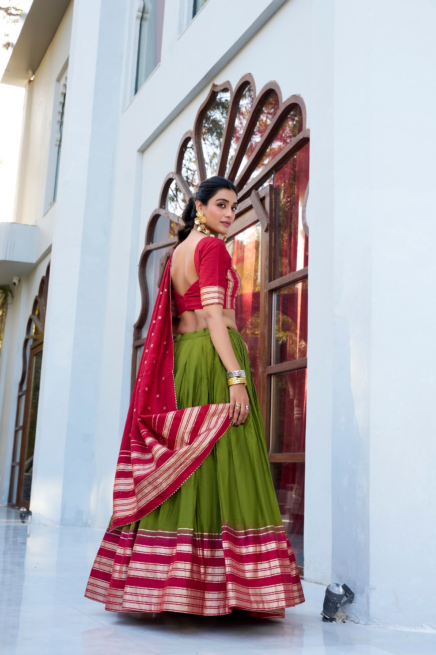 Green colour Pure Chanderi and Plain With Zari Weaving Work Border lehenga and dupatta