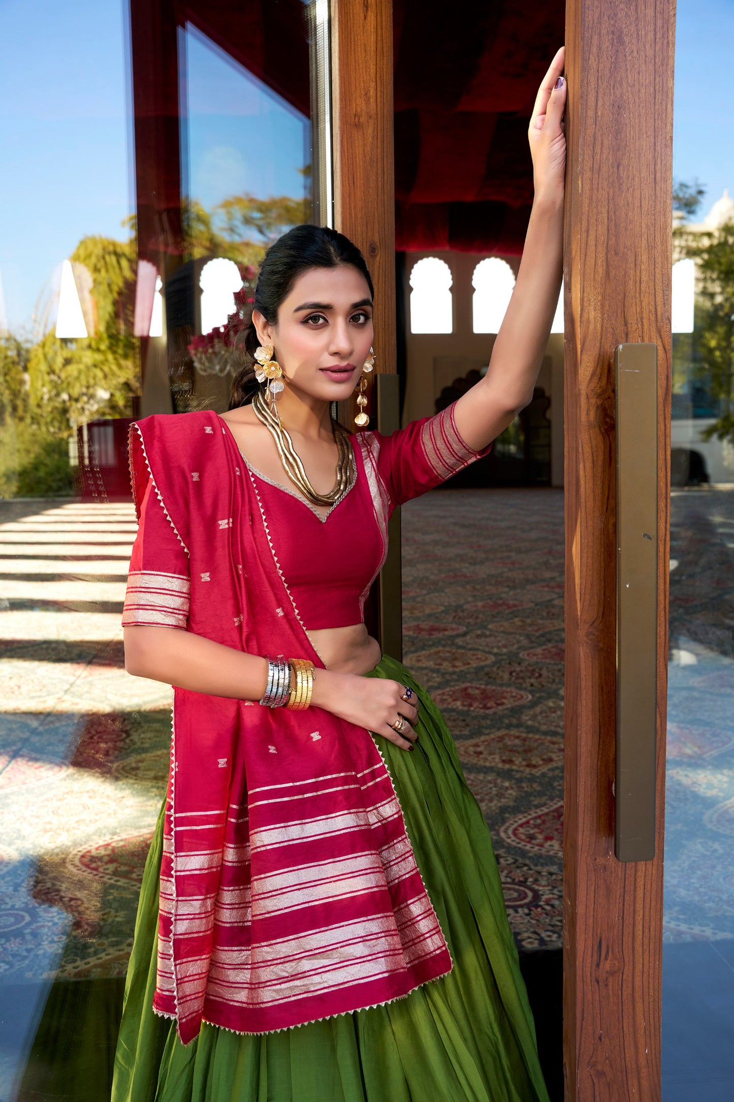 Green colour Pure Chanderi and Plain With Zari Weaving Work Border lehenga and dupatta